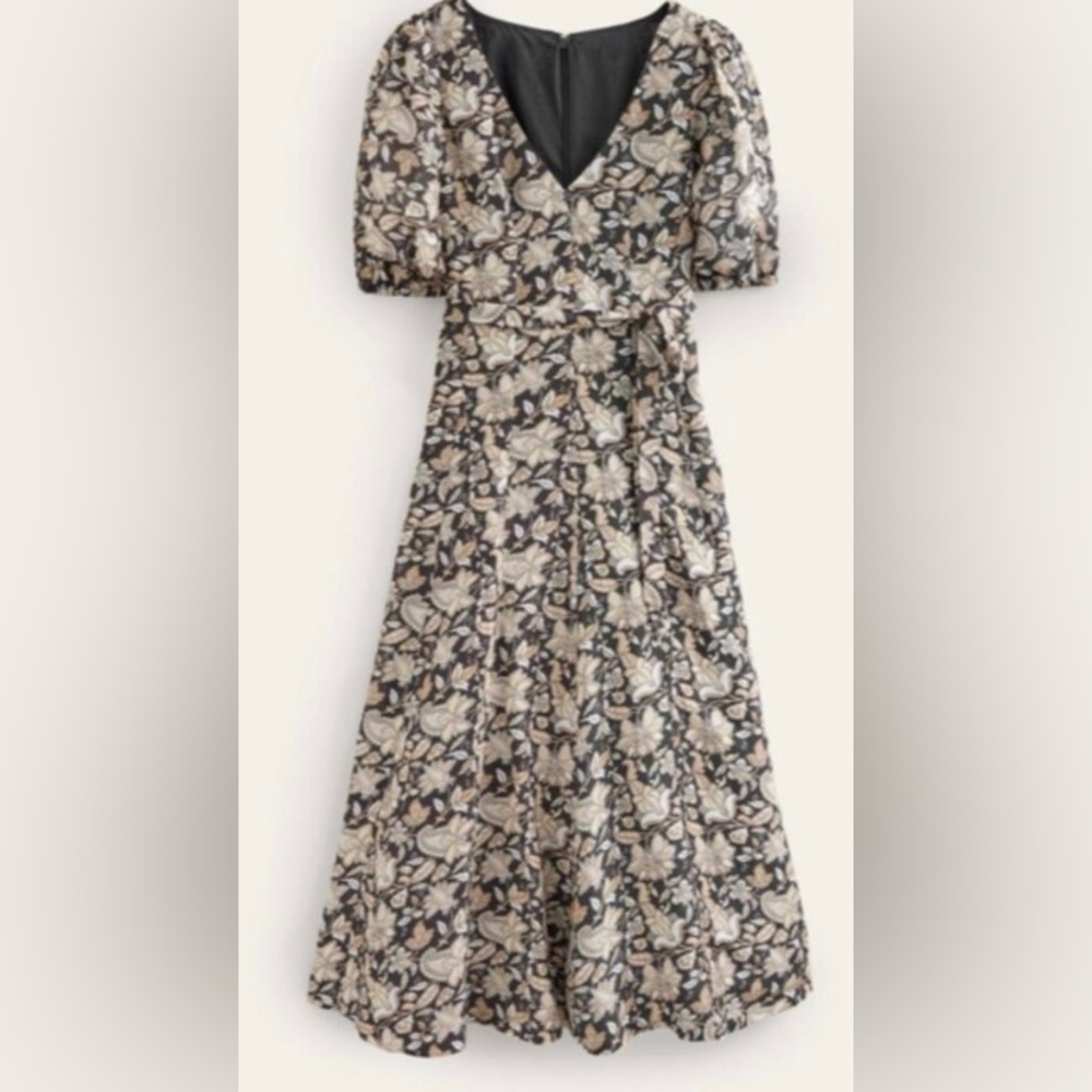 Boden Womens A Line Black and Tan Floral Midi Dress
